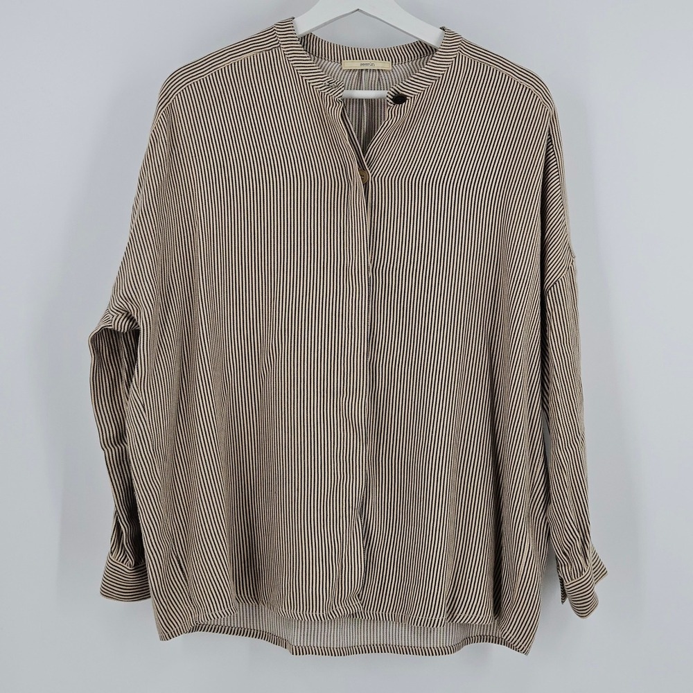 Sessun Colonella Striped Shirt Beige Band Collar Button Down Long Sleeve Size S